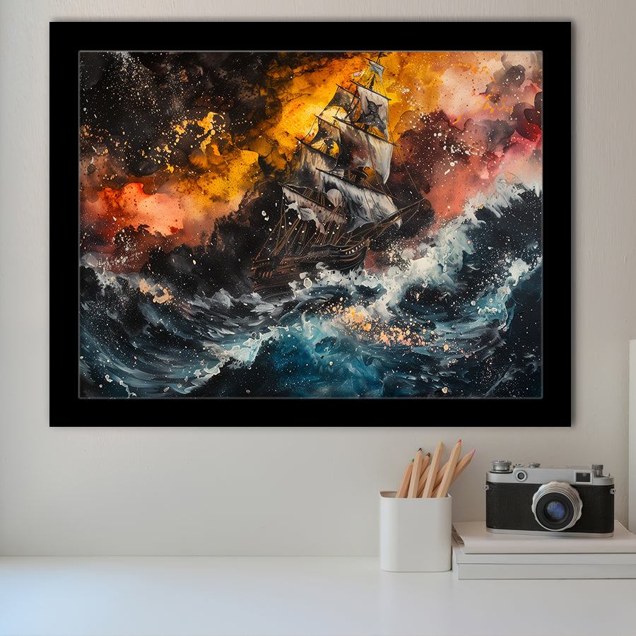 Pirate Ship In The Sea With Storm Oil Painting, Framed Art Print Wall Decor, Framed Picture