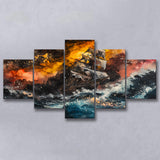 Pirate Ship In The Sea With Storm Oil Painting, Multi Panel Canvas Print Wall Art Decor, 5 Mixed Panel