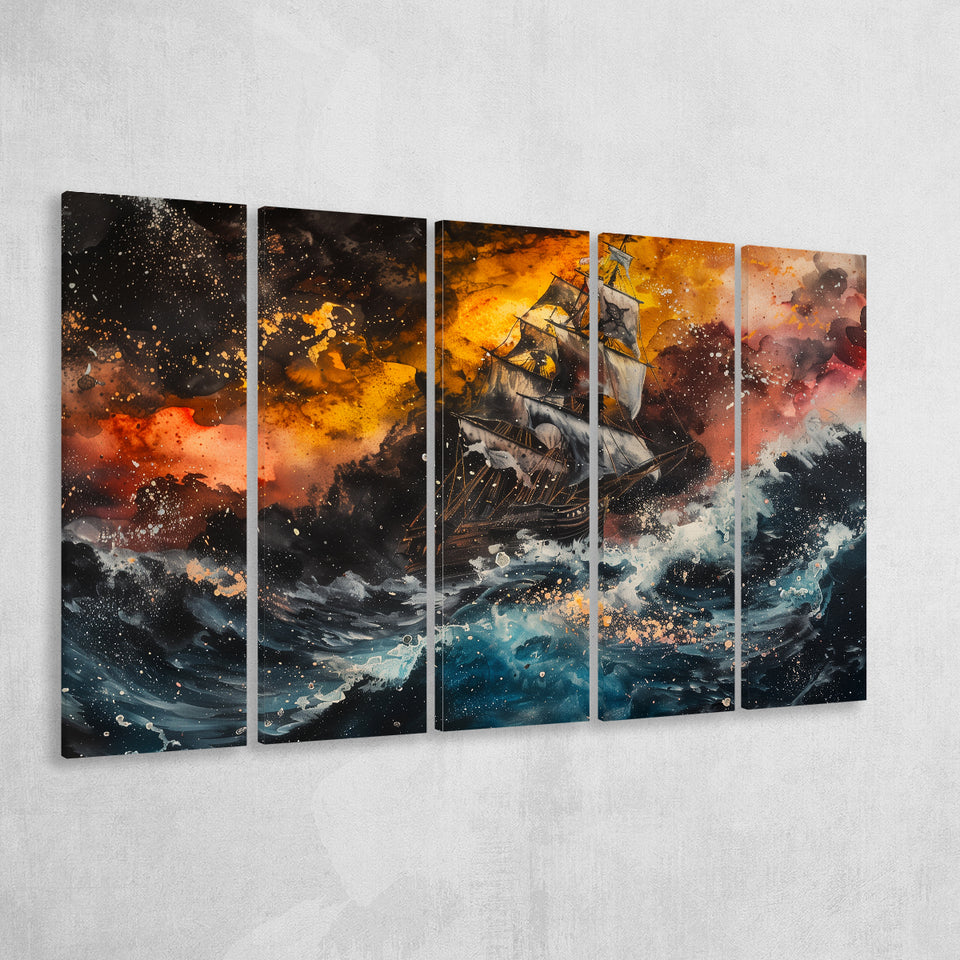 Pirate Ship In The Sea With Storm Oil Painting, Extra Large Multi 5 Panel Canvas Print Wall Art Decor