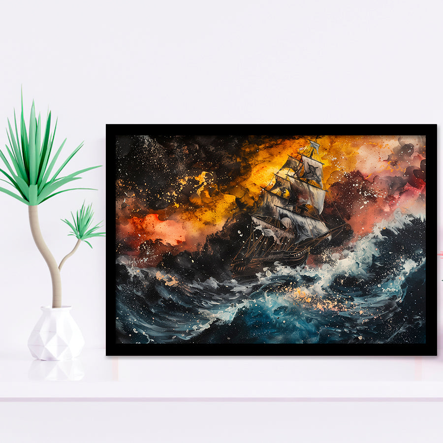 Pirate Ship In The Sea With Storm Oil Painting, Framed Art Print Wall Decor, Framed Picture