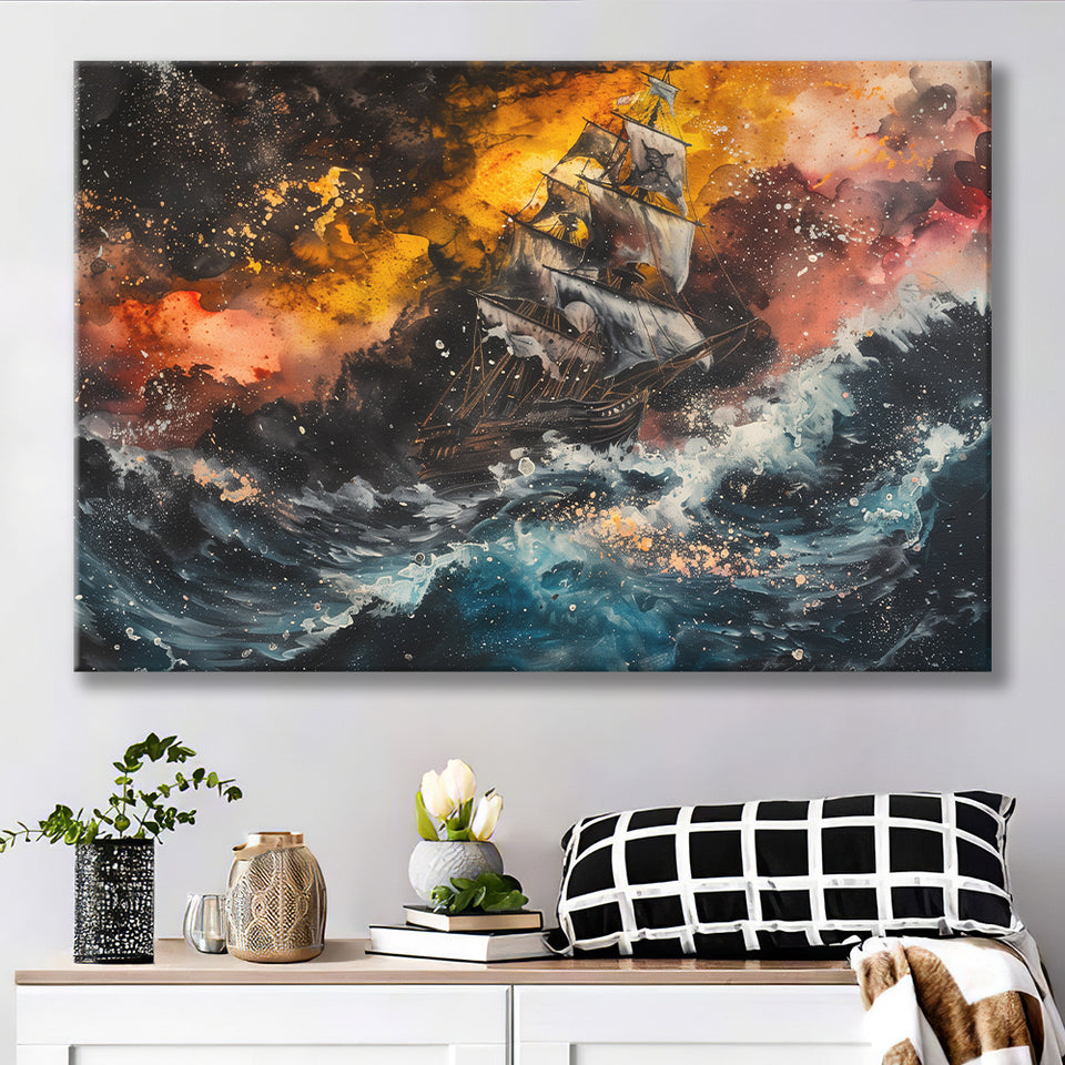 Pirate Ship In The Sea With Storm Oil Painting, Canvas Print Wall Art Decor, Landscape Art Print