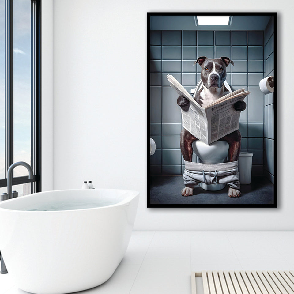 Pitbull  Funny Bathroom Decor Framed Art Print Wall Decor, Animal In Toilet