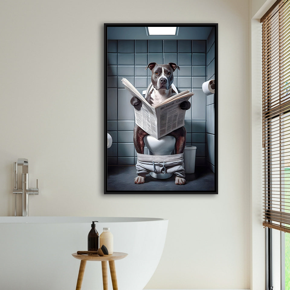 Pitbull  Funny Bathroom Decor Framed Canvas Prints Wall Art, Animal In Toilet