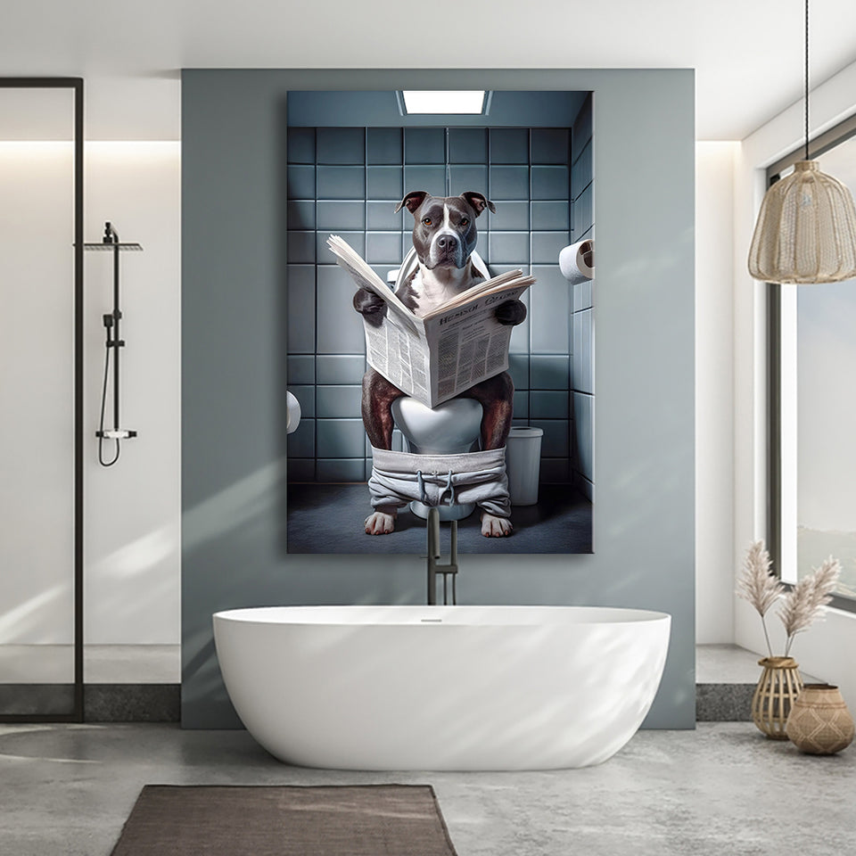 Pitbull  Funny Bathroom Decor Canvas Prints Wall Art,, Animal in toilet