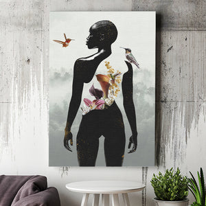 Plant Life, Abstract Black Woman With Huming Bird And Flower, Canvas Prints Wall Art Decor, Painting Canvas