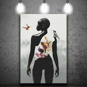 Plant Life, Abstract Black Woman With Huming Bird And Flower, Canvas Prints Wall Art Decor, Painting Canvas