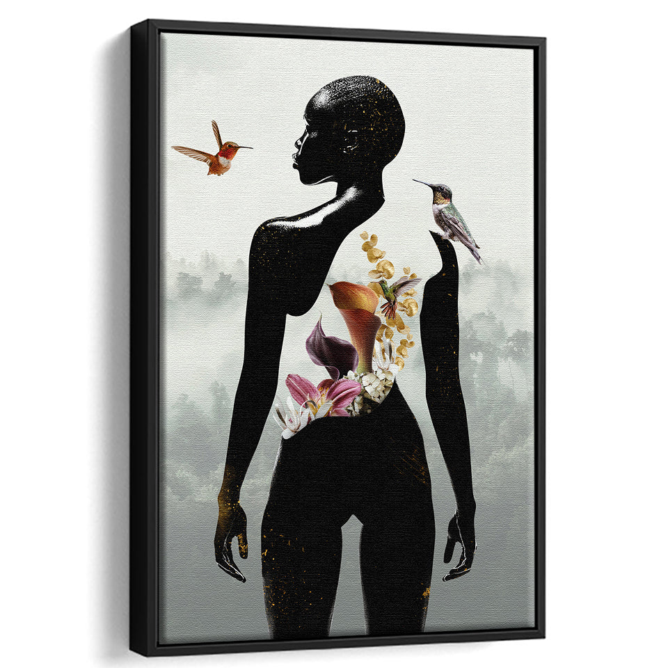Plant Life, Abstract Black Woman With Huming Bird And Flower, Framed Canvas Prints Wall Art Decor, Floating Frame