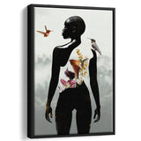 Plant Life, Abstract Black Woman With Huming Bird And Flower, Framed Canvas Prints Wall Art Decor, Floating Frame