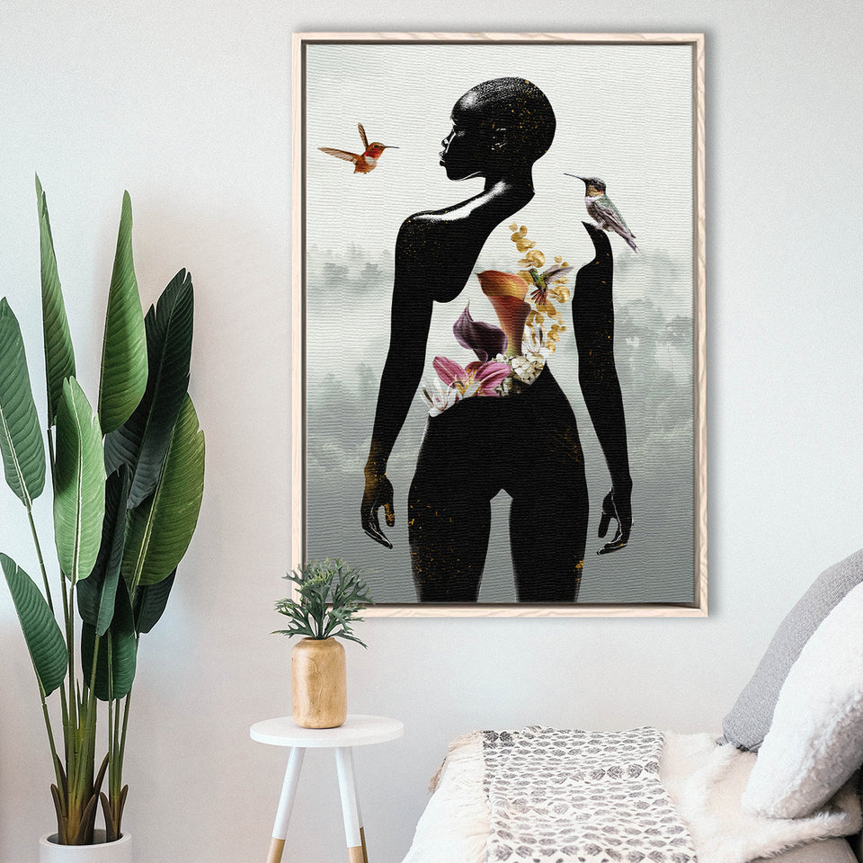 Plant Life, Abstract Black Woman With Huming Bird And Flower, Framed Canvas Prints Wall Art Decor, Floating Frame