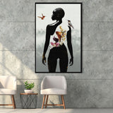Plant Life, Abstract Black Woman With Huming Bird And Flower, Framed Canvas Prints Wall Art Decor, Floating Frame