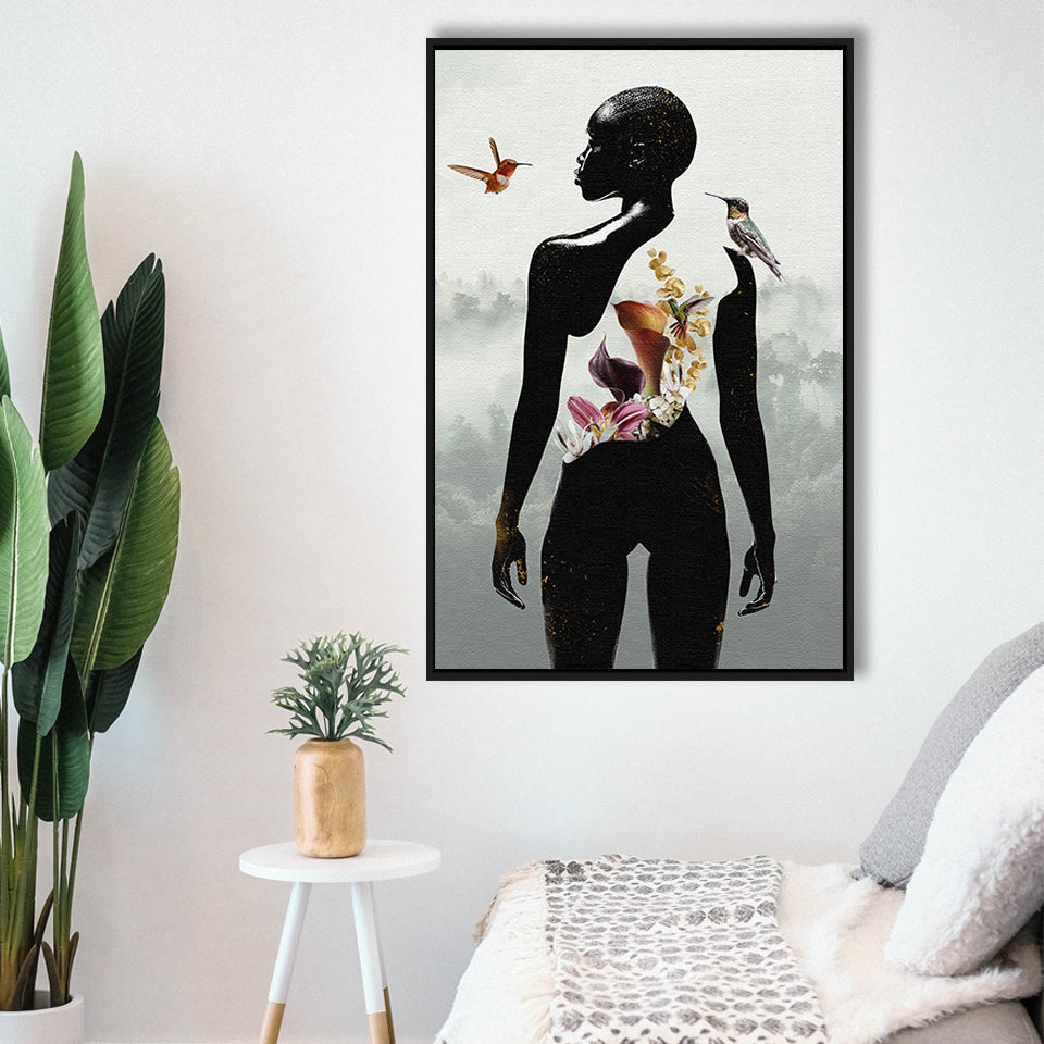 Plant Life, Abstract Black Woman With Huming Bird And Flower, Framed Canvas Prints Wall Art Decor, Floating Frame