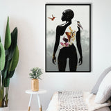 Plant Life, Abstract Black Woman With Huming Bird And Flower, Framed Canvas Prints Wall Art Decor, Floating Frame