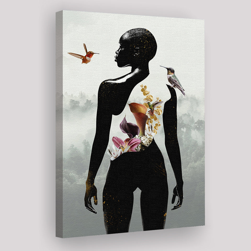 Plant Life, Abstract Black Woman With Huming Bird And Flower, Canvas Prints Wall Art Decor, Painting Canvas