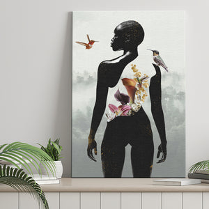 Plant Life, Abstract Black Woman With Huming Bird And Flower, Canvas Prints Wall Art Decor, Painting Canvas