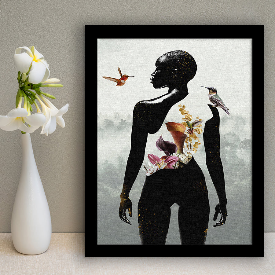 Plant Life, Abstract Black Woman With Huming Bird And Flower, Framed Art Prints Wall Art Decor, Framed Picture Print
