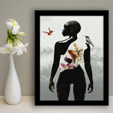 Plant Life, Abstract Black Woman With Huming Bird And Flower, Framed Art Prints Wall Art Decor, Framed Picture Print