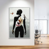 Plant Life, Abstract Black Woman With Huming Bird And Flower, Framed Canvas Prints Wall Art Decor, Floating Frame