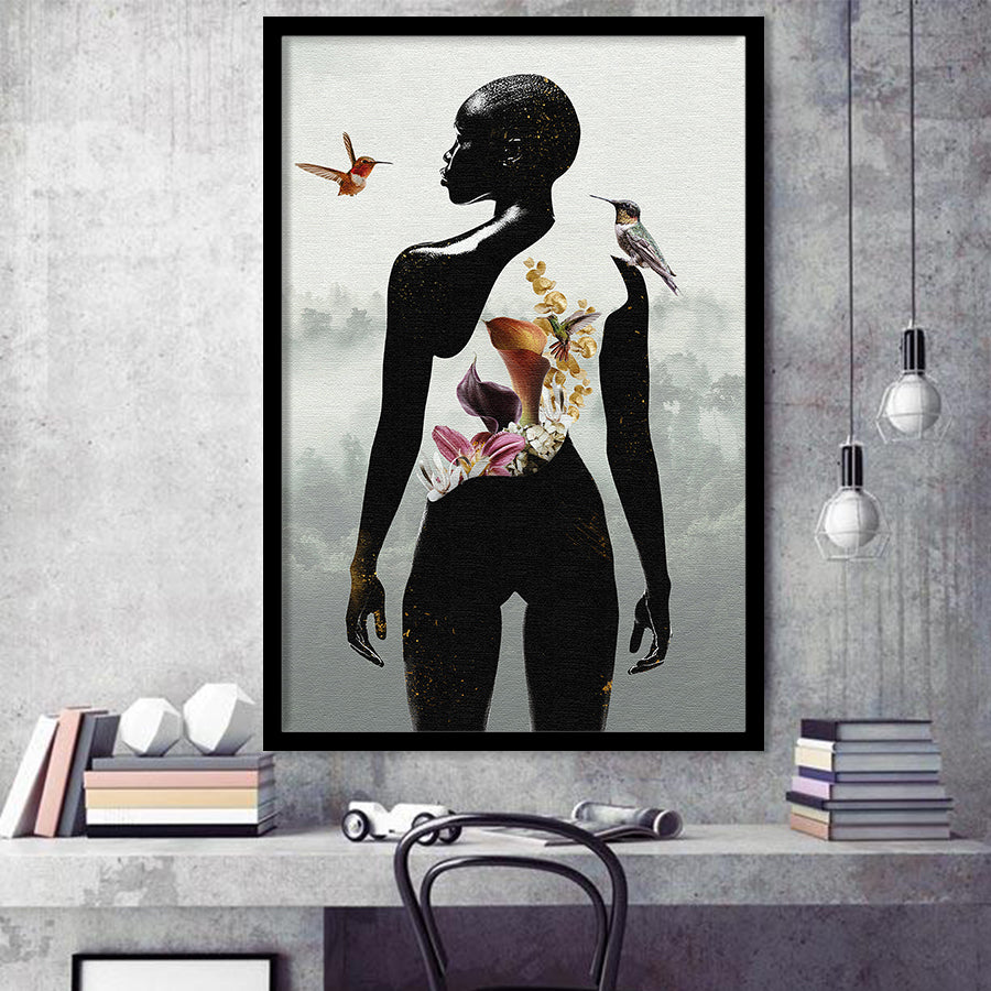 Plant Life, Abstract Black Woman With Huming Bird And Flower, Framed Art Prints Wall Art Decor, Framed Picture Print