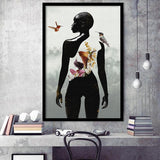 Plant Life, Abstract Black Woman With Huming Bird And Flower, Framed Art Prints Wall Art Decor, Framed Picture Print