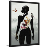 Plant Life, Abstract Black Woman With Huming Bird And Flower, Framed Art Prints Wall Art Decor, Framed Picture Print