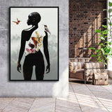 Plant Life, Abstract Black Woman With Huming Bird And Flower, Framed Canvas Prints Wall Art Decor, Floating Frame