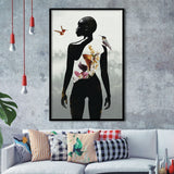 Plant Life, Abstract Black Woman With Huming Bird And Flower, Framed Art Prints Wall Art Decor, Framed Picture Print