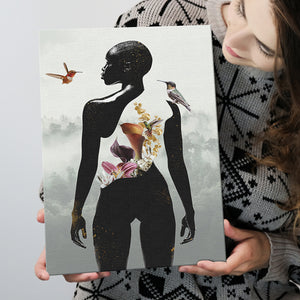 Plant Life, Abstract Black Woman With Huming Bird And Flower, Canvas Prints Wall Art Decor, Painting Canvas