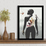 Plant Life, Abstract Black Woman With Huming Bird And Flower, Framed Canvas Prints Wall Art Decor, Floating Frame