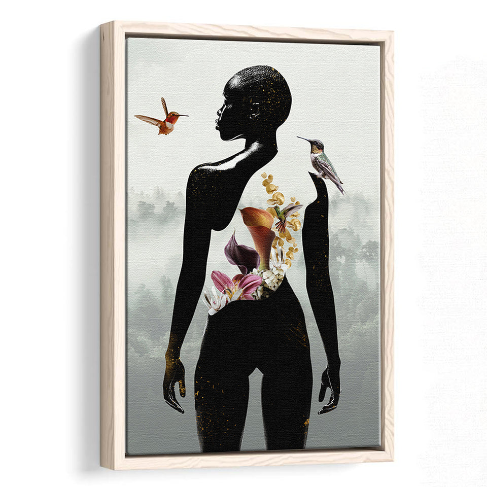 Plant Life, Abstract Black Woman With Huming Bird And Flower, Framed Canvas Prints Wall Art Decor, Floating Frame