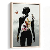 Plant Life, Abstract Black Woman With Huming Bird And Flower, Framed Canvas Prints Wall Art Decor, Floating Frame