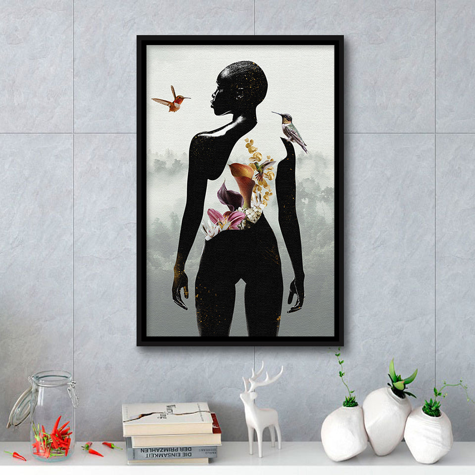 Plant Life, Abstract Black Woman With Huming Bird And Flower, Framed Canvas Prints Wall Art Decor, Floating Frame