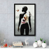 Plant Life, Abstract Black Woman With Huming Bird And Flower, Framed Canvas Prints Wall Art Decor, Floating Frame