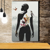 Plant Life, Abstract Black Woman With Huming Bird And Flower, Canvas Prints Wall Art Decor, Painting Canvas