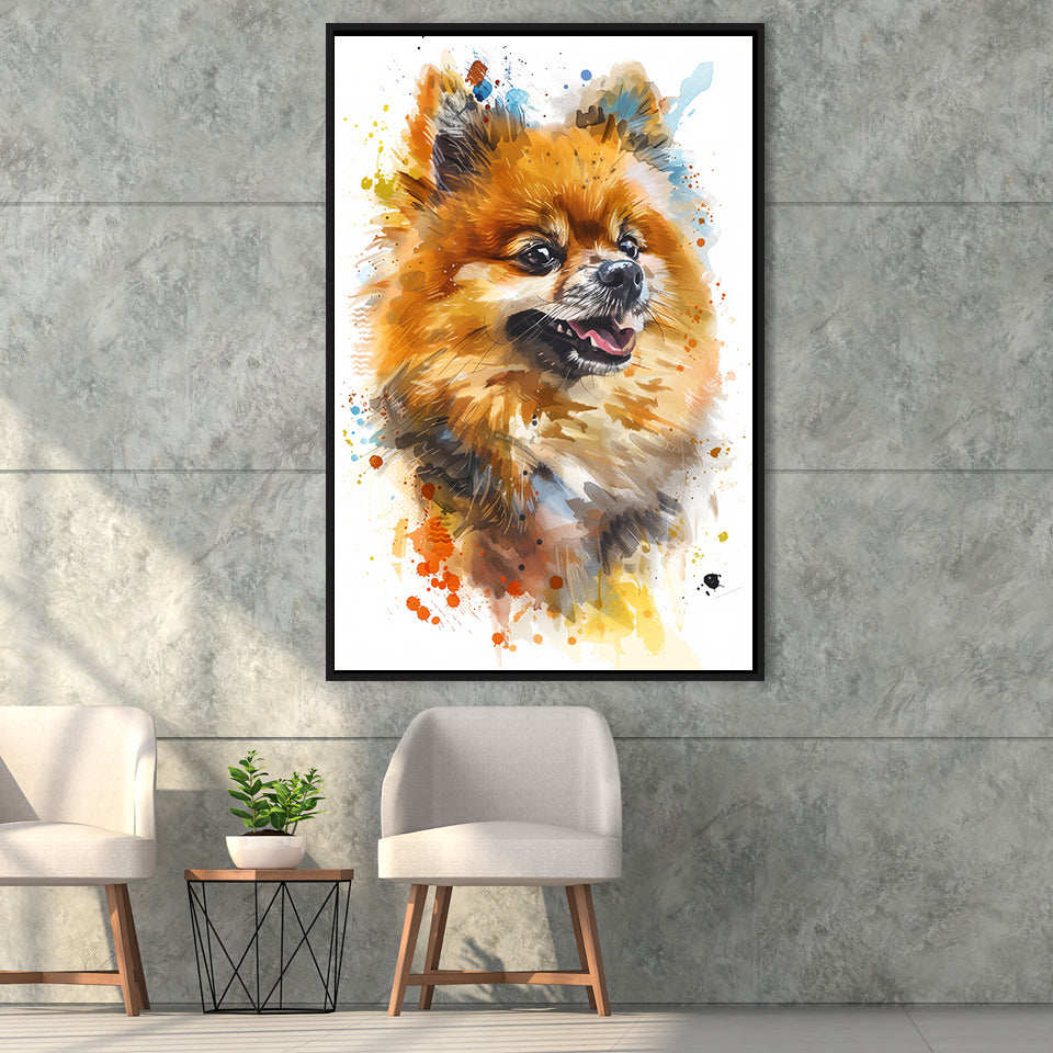 Pomeranian Dog Portrait Painting Water Color, Framed Canvas Painting, Framed Canvas Prints Wall Art Decor