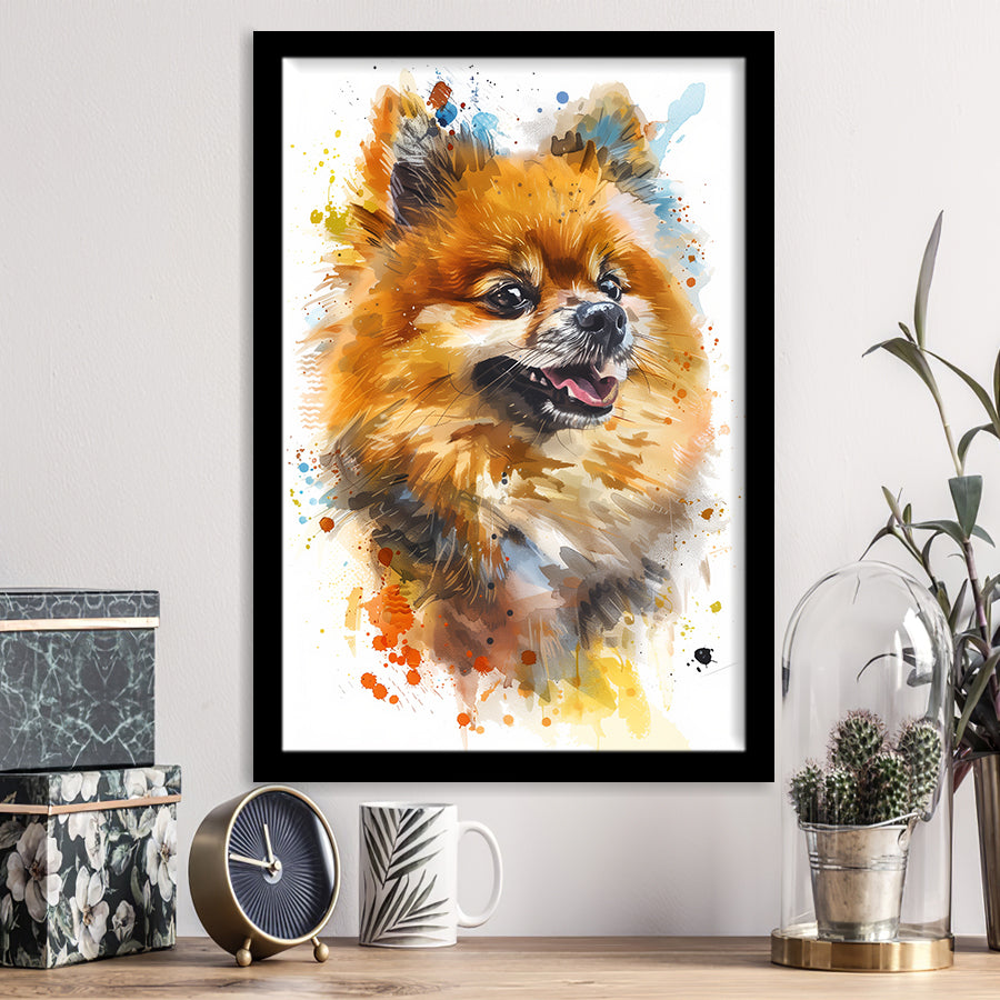 Pomeranian Dog Portrait Painting Water Color, Framed Art Print Wall Decor, Framed Picture