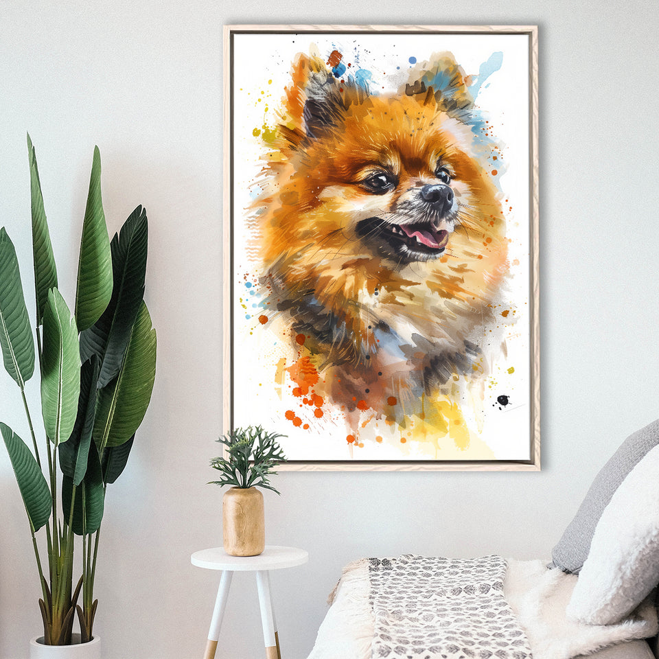 Pomeranian Dog Portrait Painting Water Color, Framed Canvas Painting, Framed Canvas Prints Wall Art Decor