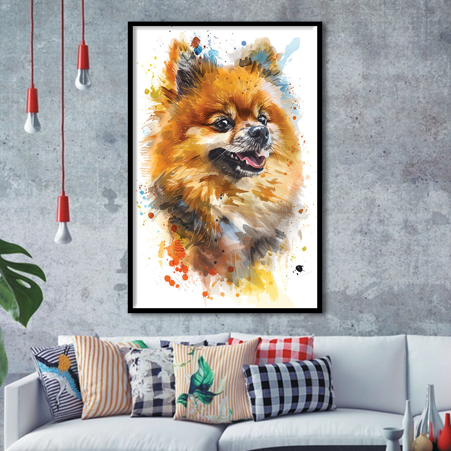 Pomeranian Dog Portrait Painting Water Color, Framed Art Print Wall Decor, Framed Picture
