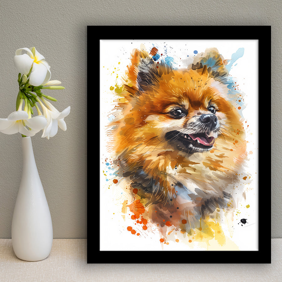 Pomeranian Dog Portrait Painting Water Color, Framed Art Print Wall Decor, Framed Picture