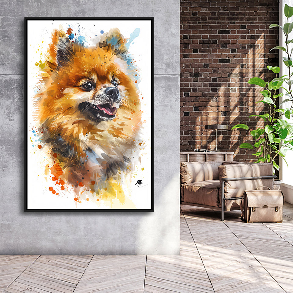 Pomeranian Dog Portrait Painting Water Color, Framed Canvas Painting, Framed Canvas Prints Wall Art Decor