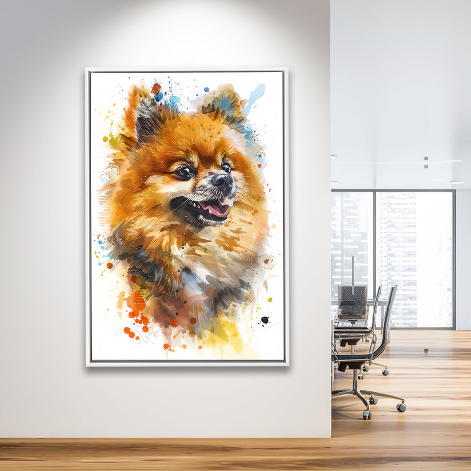 Pomeranian Dog Portrait Painting Water Color, Framed Canvas Painting, Framed Canvas Prints Wall Art Decor
