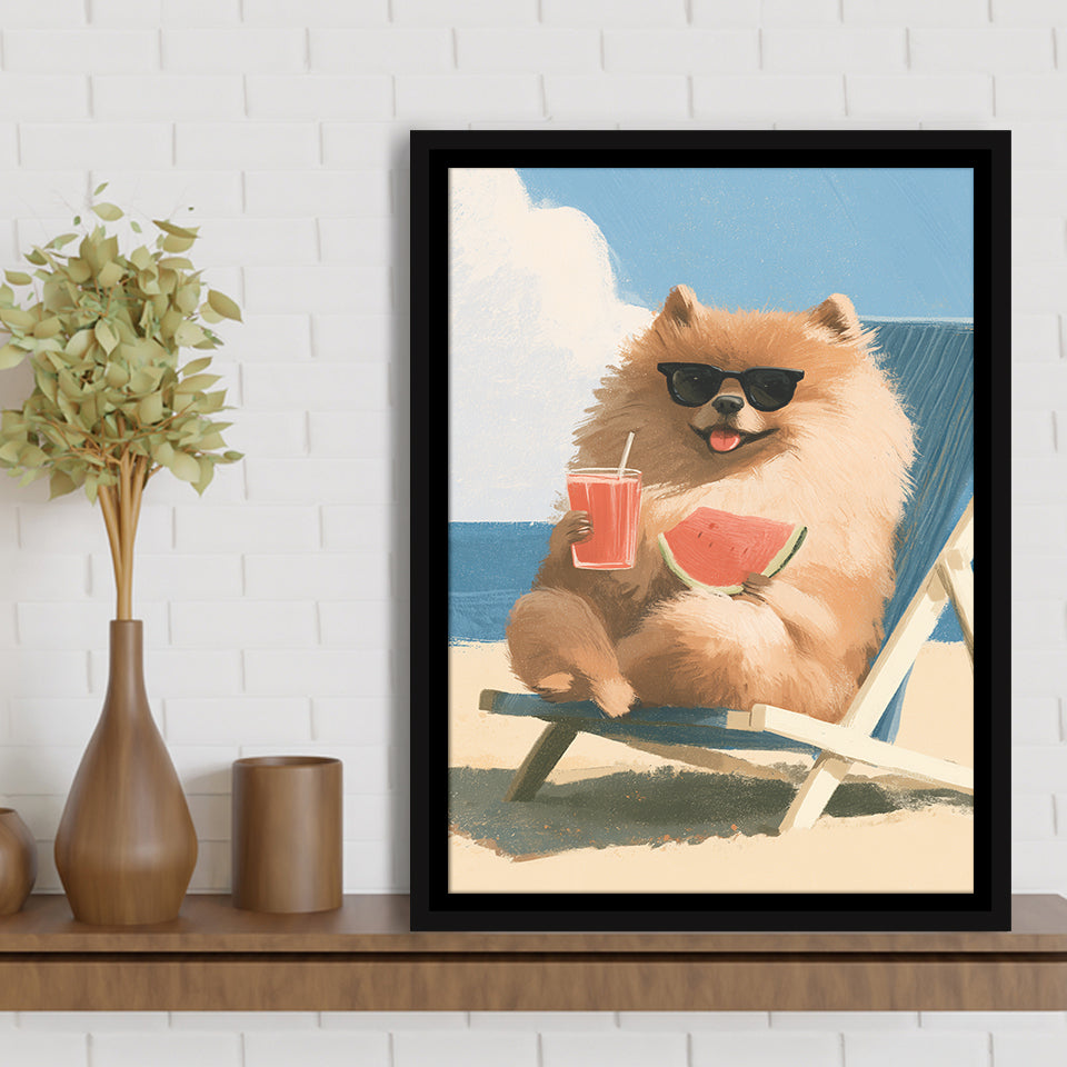 Pomeranian Funny Relax Time, Pet Lover Art, Kid Room Decor, Framed Canvas Print, Floating Frame
