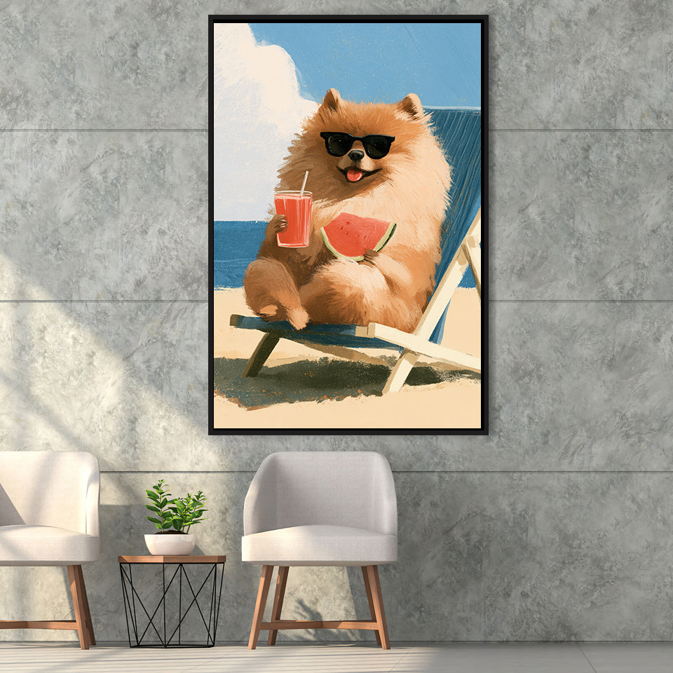 Pomeranian Funny Relax Time, Pet Lover Art, Kid Room Decor, Framed Canvas Print, Floating Frame