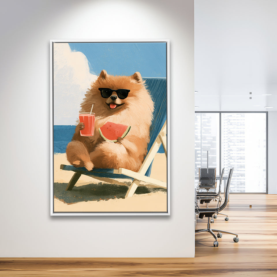 Pomeranian Funny Relax Time, Pet Lover Art, Kid Room Decor, Framed Canvas Print, Floating Frame