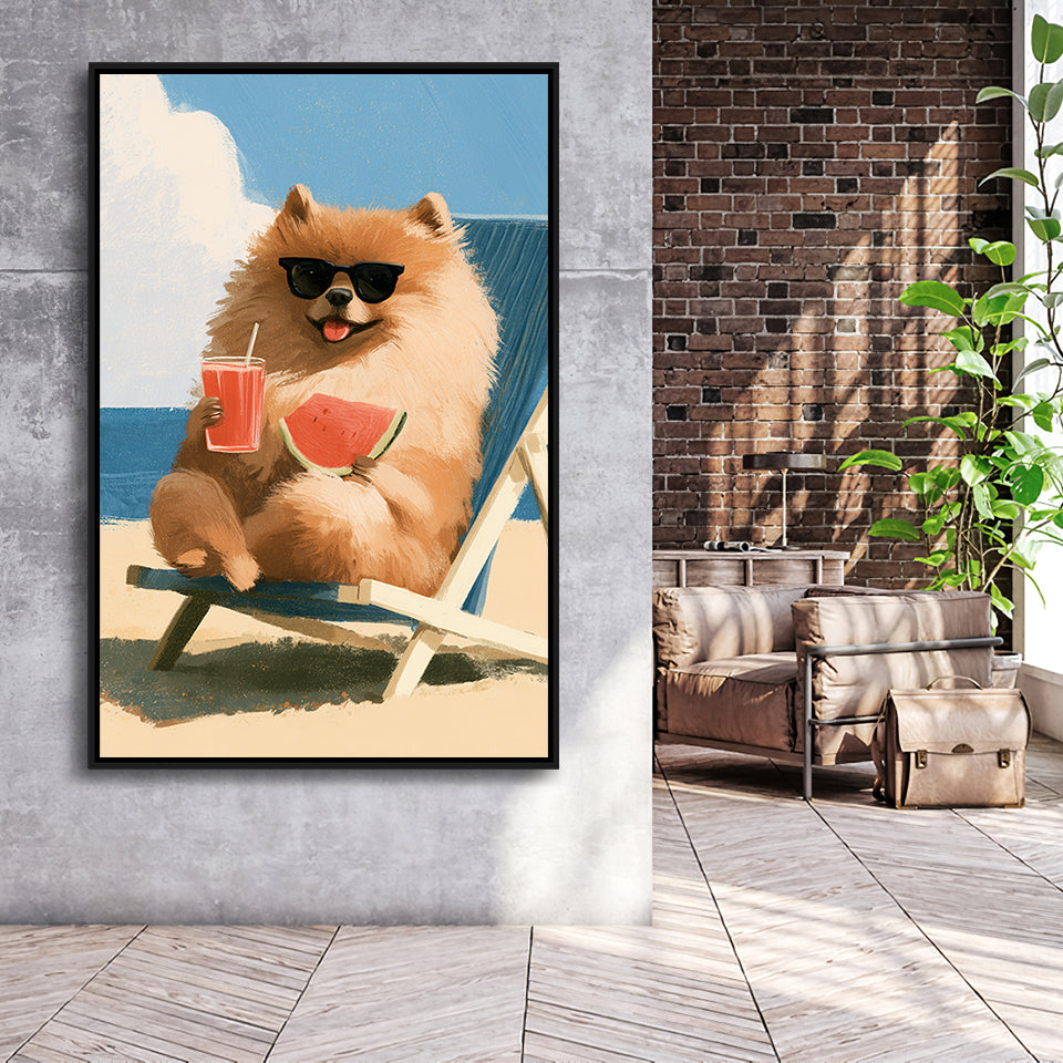 Pomeranian Funny Relax Time, Pet Lover Art, Kid Room Decor, Framed Canvas Print, Floating Frame