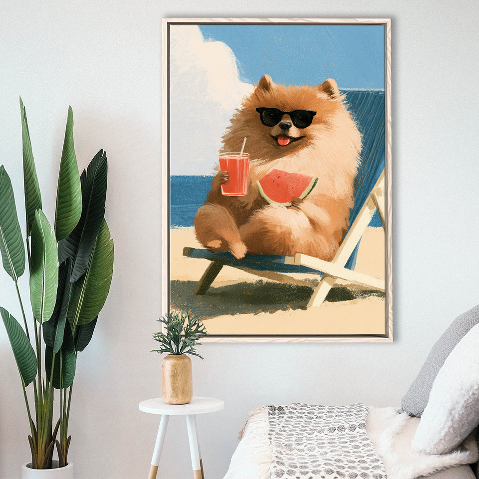 Pomeranian Funny Relax Time, Pet Lover Art, Kid Room Decor, Framed Canvas Print, Floating Frame