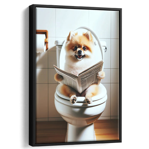 Pomeranian Framed Canvas Prints Wall Art, Pomeranian In Toilet