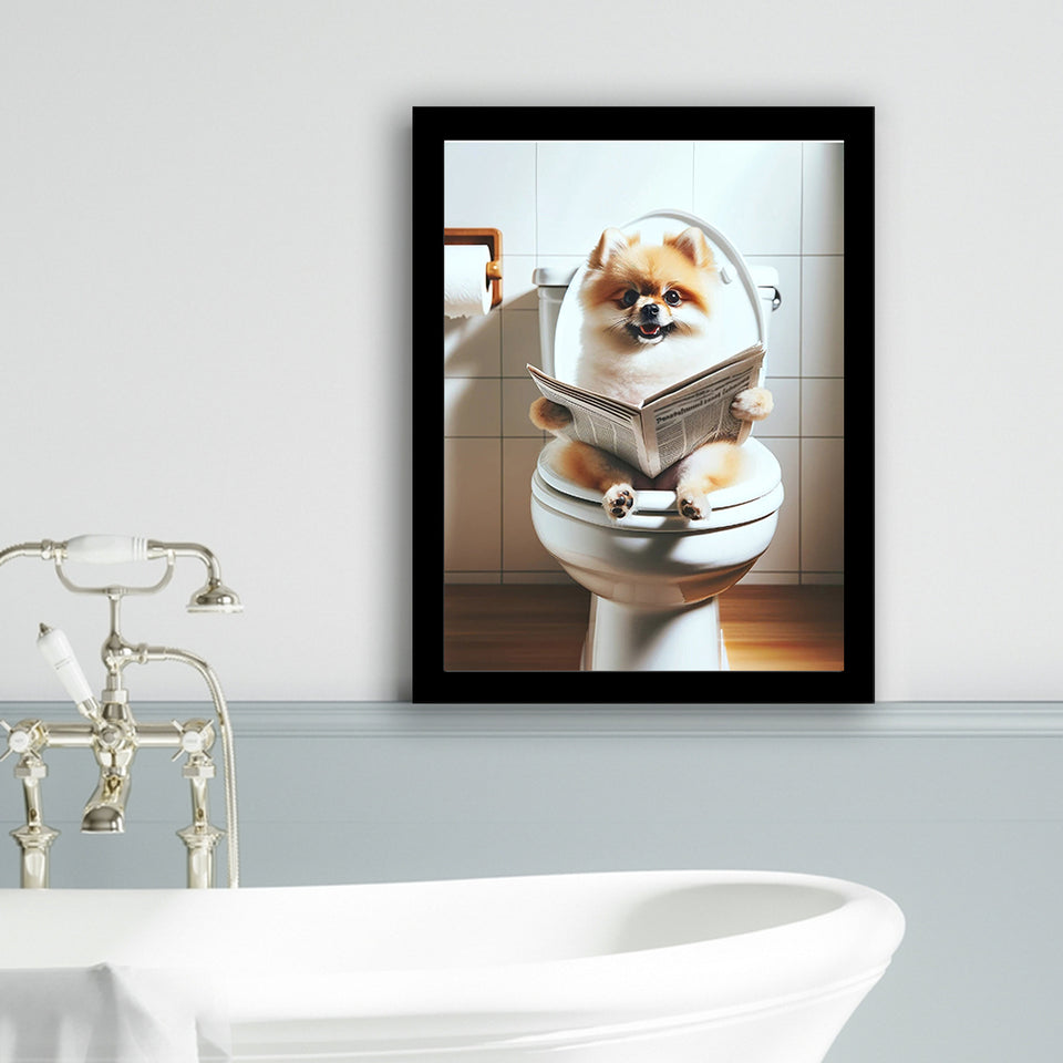 Pomeranian Framed Art Print Wall Decor, Pomeranian In Toilet