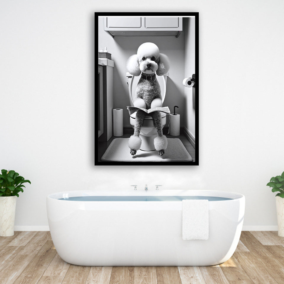 Poodle  Funny Bathroom Decor Framed Art Print Wall Decor, Poodle In Toilet