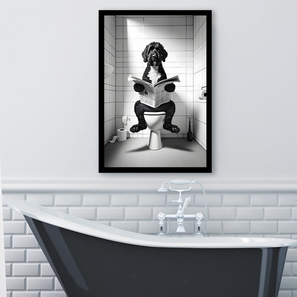 Portuguese Water Dog Framed Art Print Wall Decor, Dog In Toilet