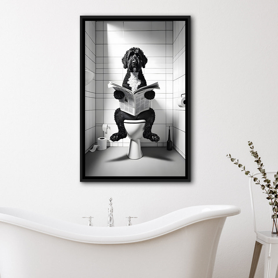 Portuguese Water Dog Framed Canvas Prints Wall Art, Dog In Toilet